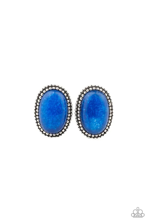 Shiny Sediment - Blue Studded Frame Spins Glassy Stone Earrings E#3677