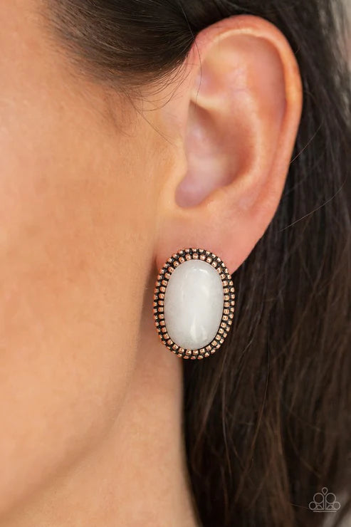 Shiny Sediment - Copper/White Studded Frame Spins Glassy Stone Earrings E#2852