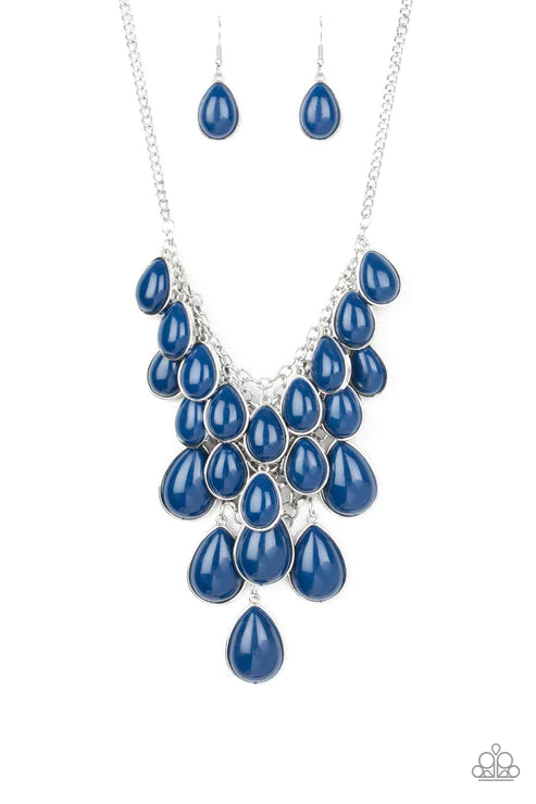Shop Til You TEARDROP - Oversized Blue (Evening) Tinted Hue Trickle Teardrop Interconnected Mesh Chain Robust Drip Tapered Dramatic Fringe Necklace N#3600
