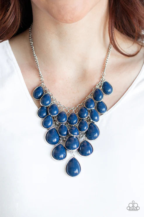 Shop Til You TEARDROP - Oversized Blue (Evening) Tinted Hue Trickle Teardrop Interconnected Mesh Chain Robust Drip Tapered Dramatic Fringe Necklace N#3600
