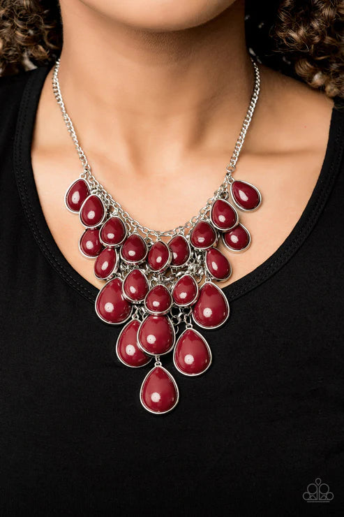 Shop Til You TEARDROP - Oversized Red (Wine) Tinted Hue Trickle Teardrop Interconnected Mesh Chain Robust Drip Tapered Dramatic Fringe Necklace N#2756