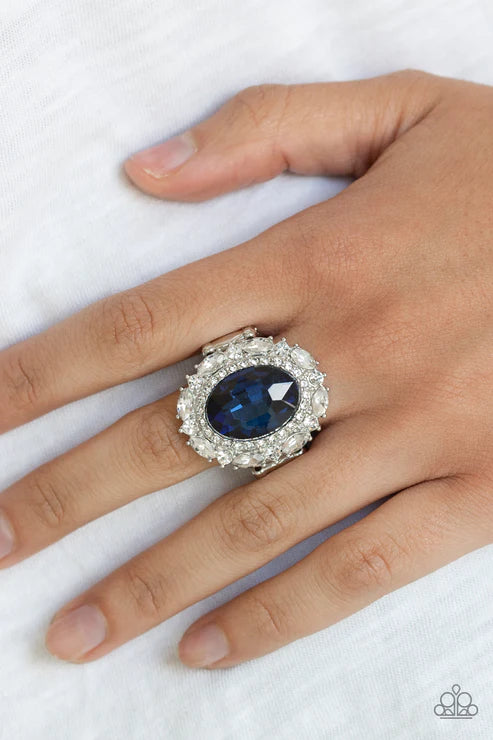 Show Glam - Oversized Blue Oval/Round Gem Frame Encrusted Mismatched Ring R#6123
