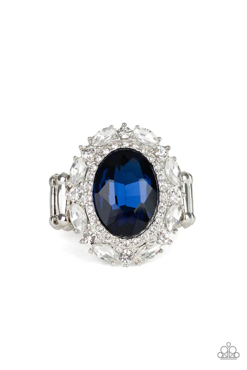 Show Glam - Oversized Blue Oval/Round Gem Frame Encrusted Mismatched Ring R#6123