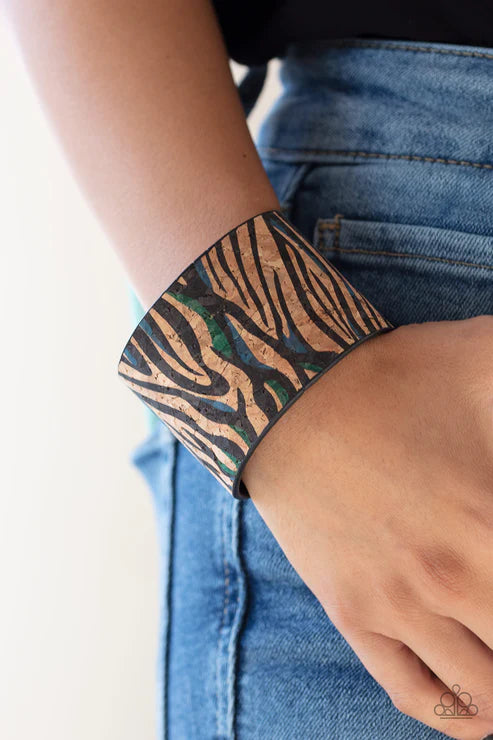 Show Your True Stripes - Oversized Blue (Black/Blue/Green) Zebra Stripes Cork Cuff Bracelet B#1697