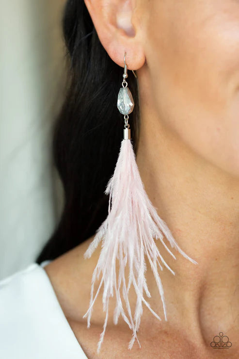 Showgirl Showcase - Pink Plume Faceted Hematite Feather Flare Tassel Earrings E#3732