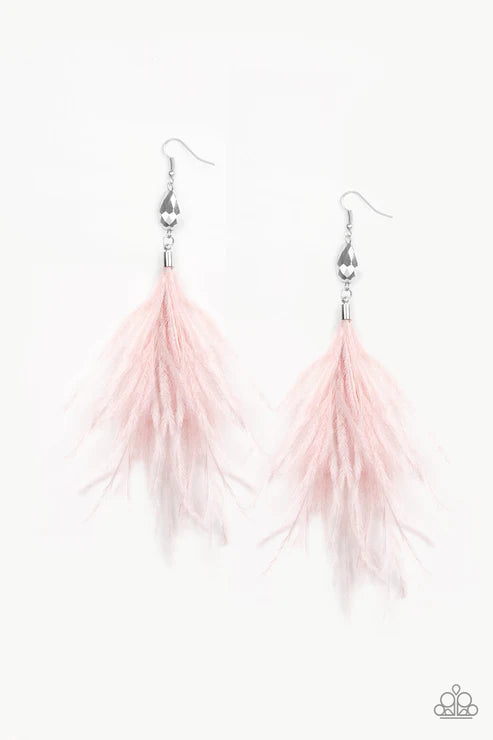 Showgirl Showcase - Pink Plume Faceted Hematite Feather Flare Tassel Earrings E#3732