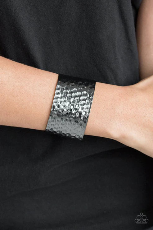 Simmering Shimmer - Oversized Black Scratched Hammered Industrial Cuff Bracelet B#4520