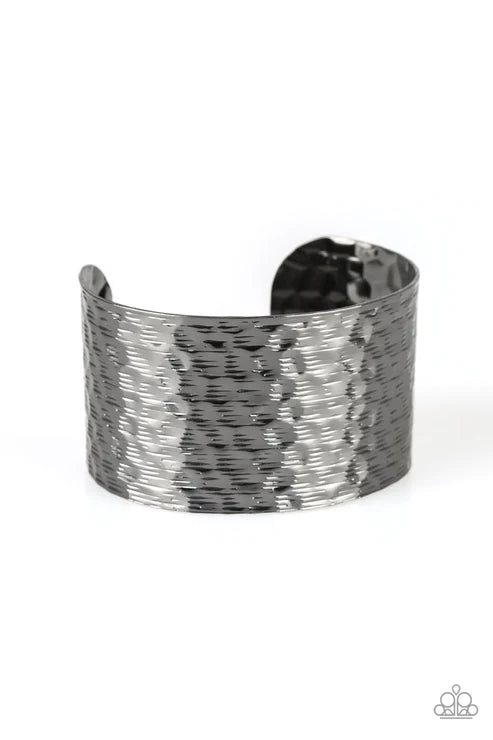 Simmering Shimmer - Oversized Black Scratched Hammered Industrial Cuff Bracelet B#4520