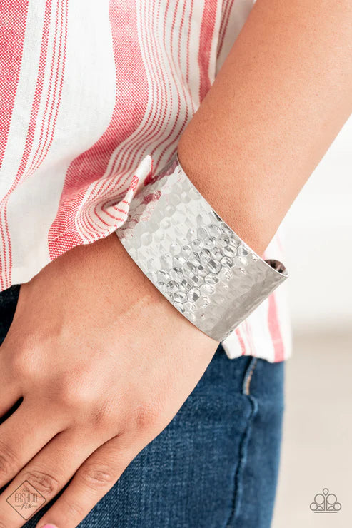 Simmering Shimmer - Oversized Silver Scratched Hammered Industrial Cuff Bracelet B#6642