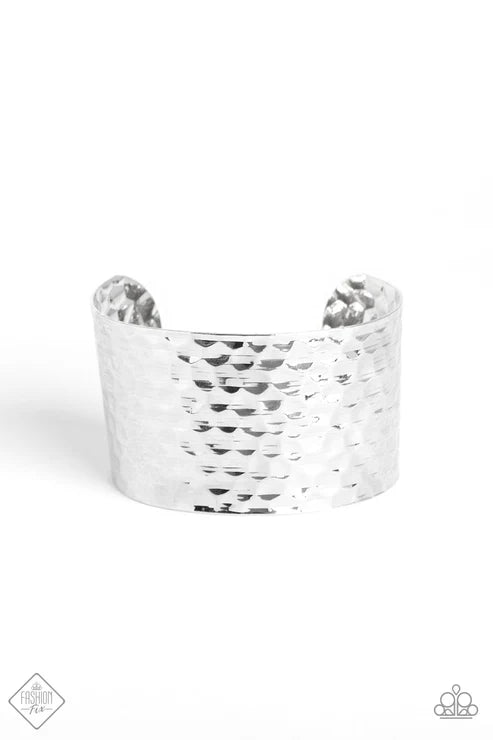 Simmering Shimmer - Oversized Silver Scratched Hammered Industrial Cuff Bracelet B#6642