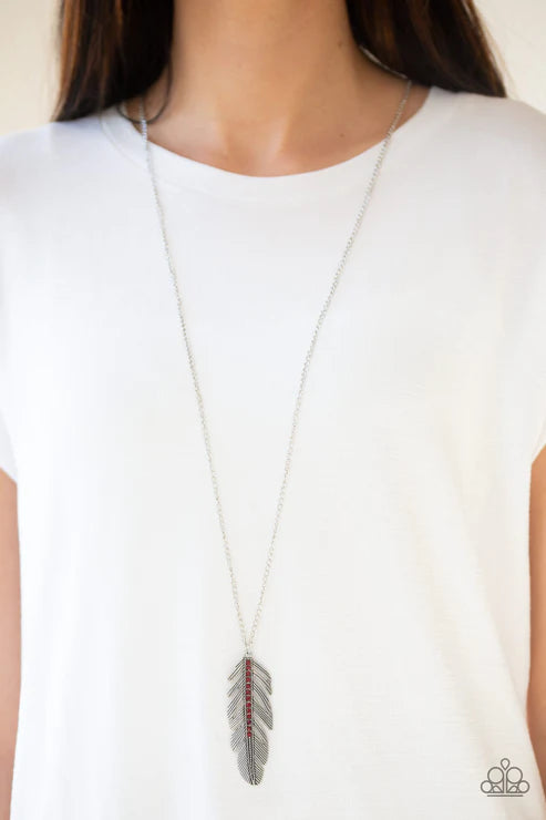 Sky Quest - Oversized Red Encrusted Spine 3D Feather Necklace N#6067