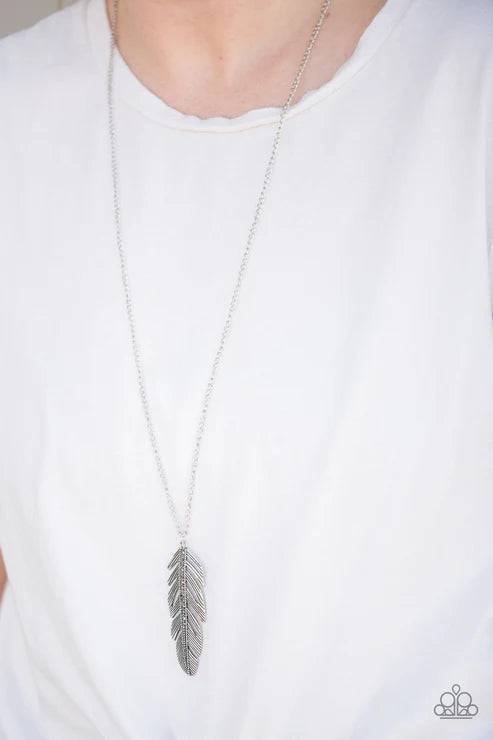 Sky Quest - Oversized Silver/Hematite Encrusted Spine 3D Feather Necklace N#6468