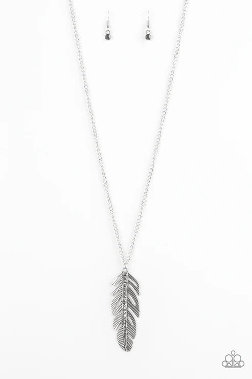 Sky Quest - Oversized Silver/Hematite Encrusted Spine 3D Feather Necklace N#6468
