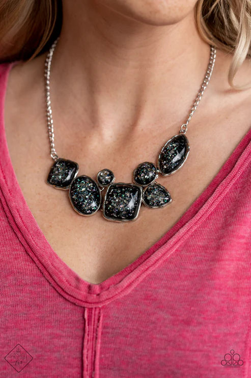 3-Piece Oversized Black Bubbly Flecked Iridescent Encased Hammered Mismatched Cluster Ethereal Set SET#6636