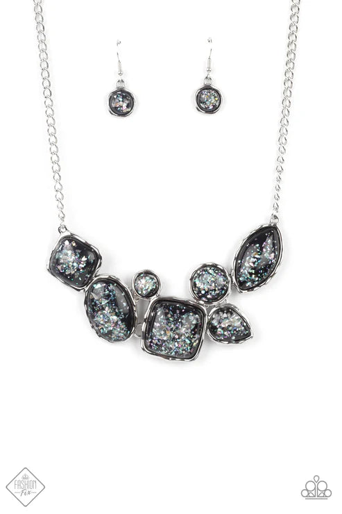 3-Piece Oversized Black Bubbly Flecked Iridescent Encased Hammered Mismatched Cluster Ethereal Set SET#6636