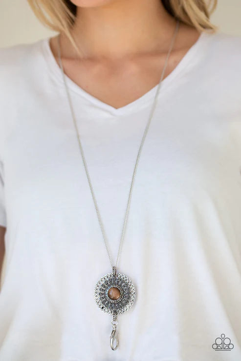 So Solar - Brown Cat's Eye Moonstone Sunburst Medallion Lanyard Necklace N#3201
