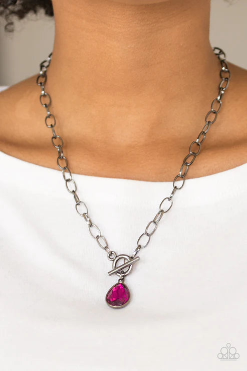 So Sorority - Pink/Gunmetal Faceted Teardrop Tiffany Clasp Necklace N#3549