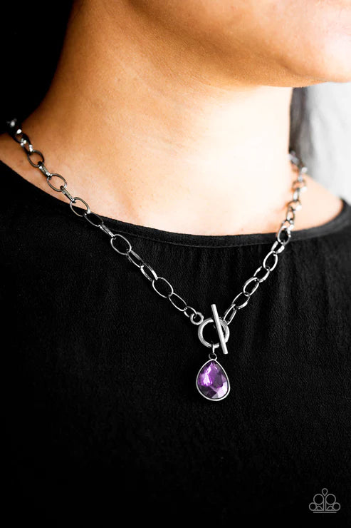 So Sorority - Purple/Gunmetal Faceted Teardrop Tiffany Clasp Necklace N#6031