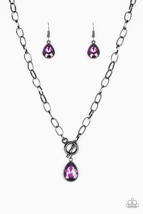 So Sorority - Purple/Gunmetal Faceted Teardrop Tiffany Clasp Necklace N#6031