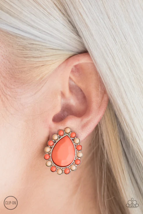 So Spring Season - Oversized Orange (Brown/Coral) Spin Faceted Teardrop Clip-On Earrings E#6258