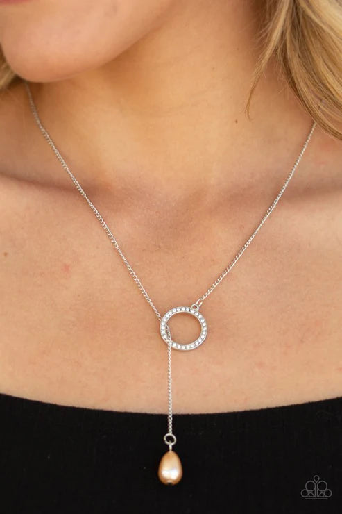 Social Luster - Brown Pearly Teardrop Bead Threaded Through Center Of A White Encrusted Ring Elegant Lariat Pendant Necklace N#7109