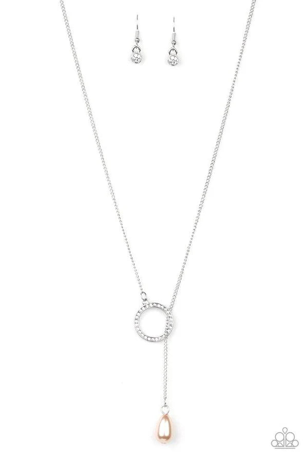 Social Luster - Brown Pearly Teardrop Bead Threaded Through Center Of A White Encrusted Ring Elegant Lariat Pendant Necklace N#7109