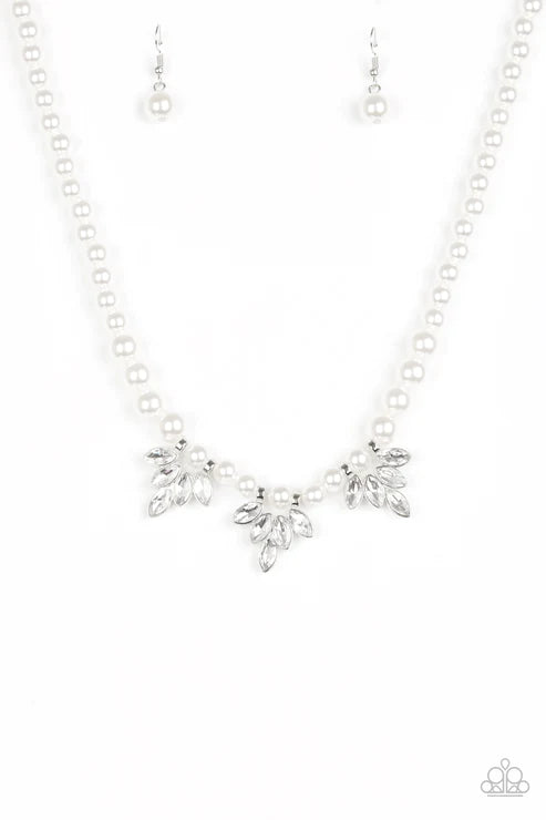Society Socialite - White Pearl Marquise Cut Draped Encrusted Necklace N#5396