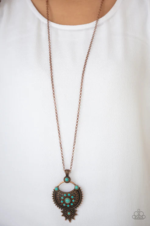 Solar Energy - Rustic Copper/Blue Ornate Studded Stone Necklace N#3875