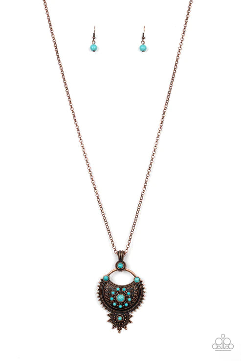 Solar Energy - Rustic Copper/Blue Ornate Studded Stone Necklace N#3875
