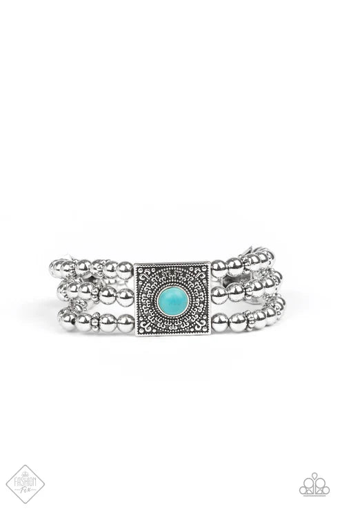 Solstice Soul - Blue Infused Ornate Silver Frames Strands Beads/Studded Accents Dotted Stone Filigree-filled Square Bracelet B#7445