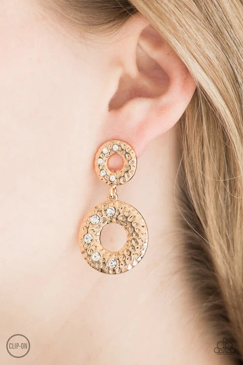Sophisticated Shimmer - Gold Hammered Textures Circular Frame Encrusted Lure Clip-On Earrings E#2899
