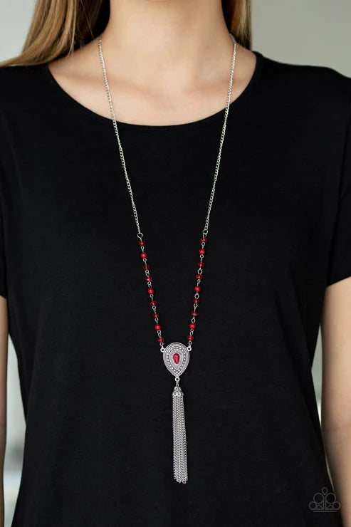 Soul Quest - Red Infused Studded Polished/Crystal Teardrop Ornate Wanderlust Tassel Pendant Necklace N#7235