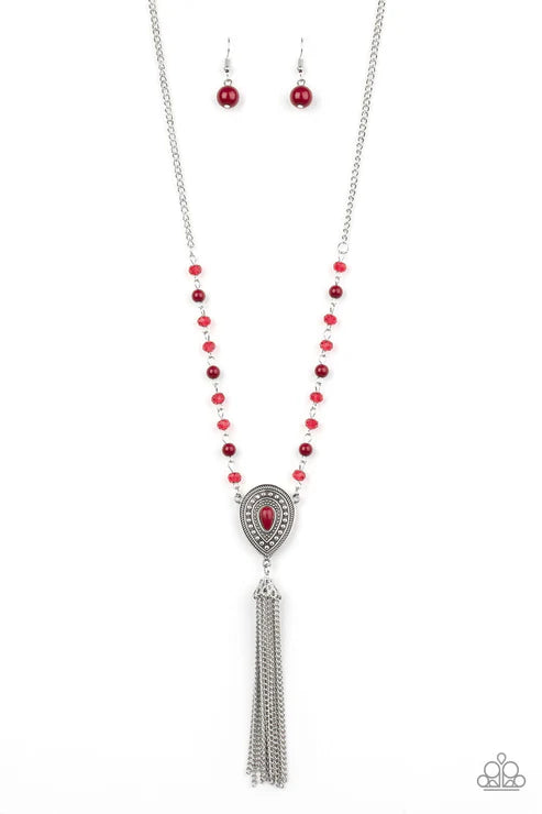 Soul Quest - Red Infused Studded Polished/Crystal Teardrop Ornate Wanderlust Tassel Pendant Necklace N#7235