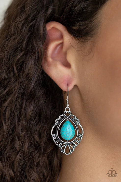 Southern Fairytale - Blue Stone Nestled Southern Swirl Filigree Teardrop Earrings E#2847