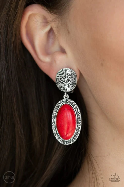 Southern Impressions - Red Encrusted Swirl Crackle Stone Clip-On Earrings E#5700