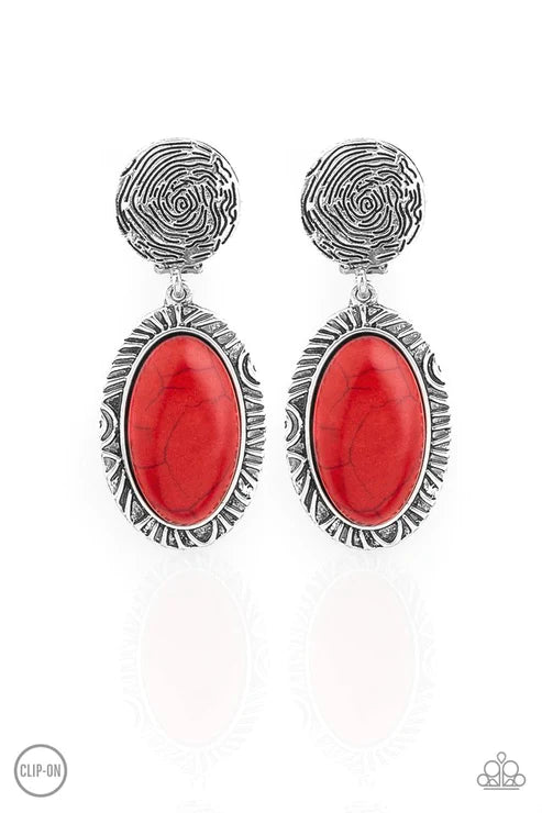 Southern Impressions - Red Encrusted Swirl Crackle Stone Clip-On Earrings E#5700