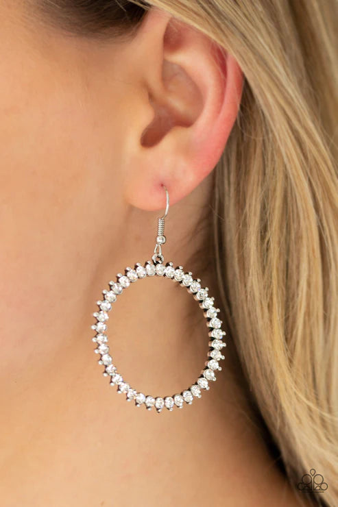 Spark Their Attention - Oversized White Encrusted Studded Silver Hoop Edgy-Glamorous Earrings E#4086
