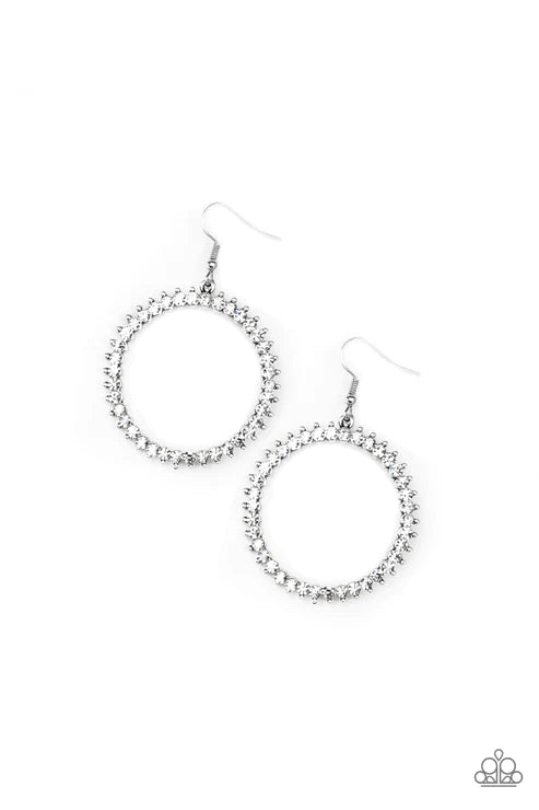 Spark Their Attention - Oversized White Encrusted Studded Silver Hoop Edgy-Glamorous Earrings E#4086