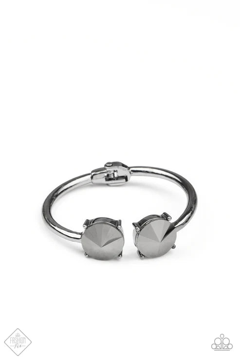 Spark and Sizzle - Oversized Black Duo Dramatic Hematite Nestled Pronged Gunmetal Fittings Cuff Smoldering Hinged Closure Bracelet B#7442