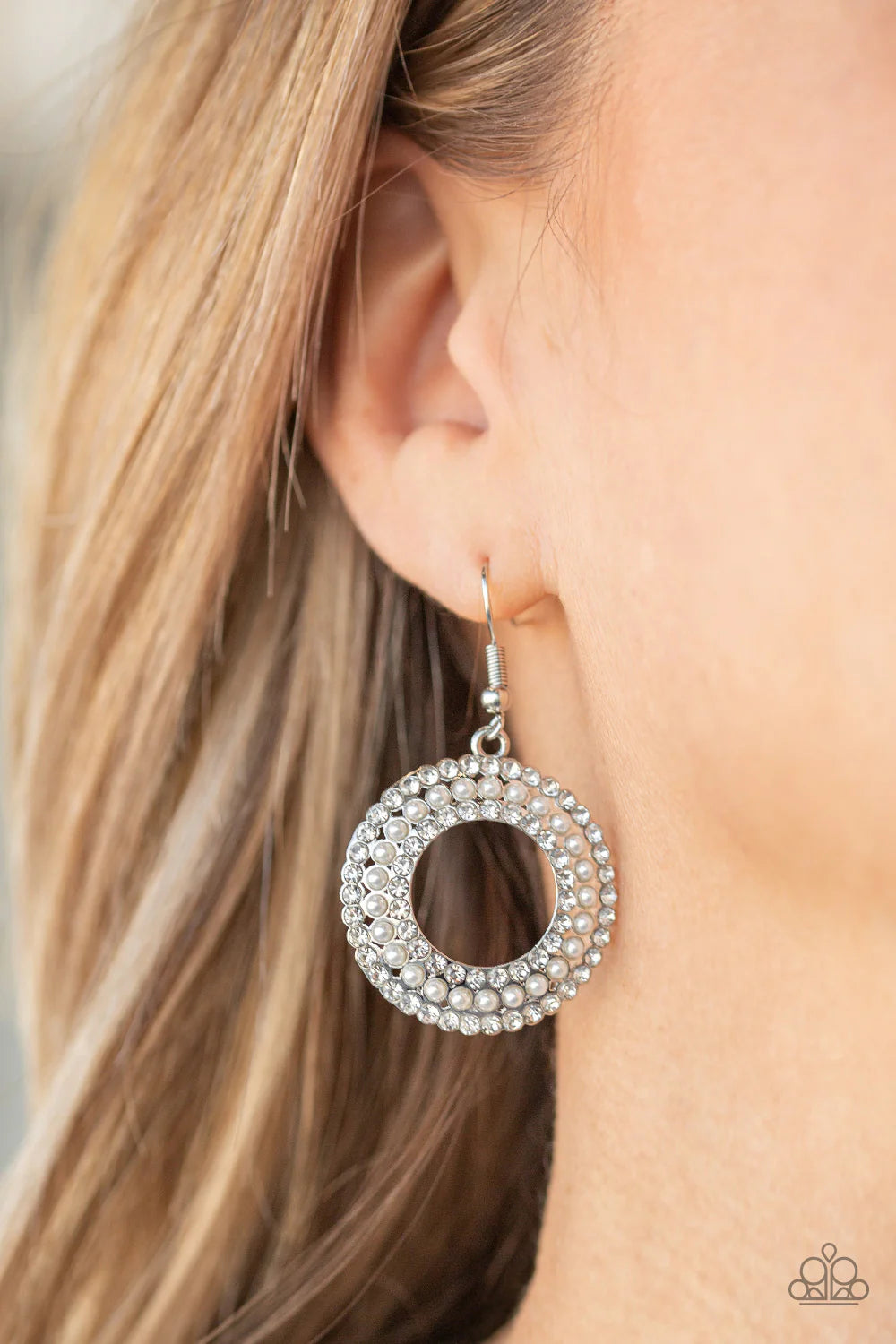 Sparkle Splurge - White Ring Pearls Flanked Encrusted Coalescing Earrings E#7060