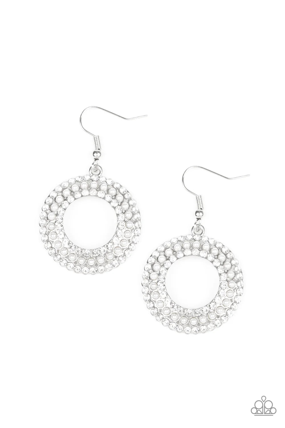 Sparkle Splurge - White Ring Pearls Flanked Encrusted Coalescing Earrings E#7060