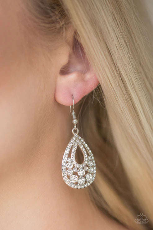 Sparkling Stardom - White Encrusted Swoop Teardrop Earrings E#6607