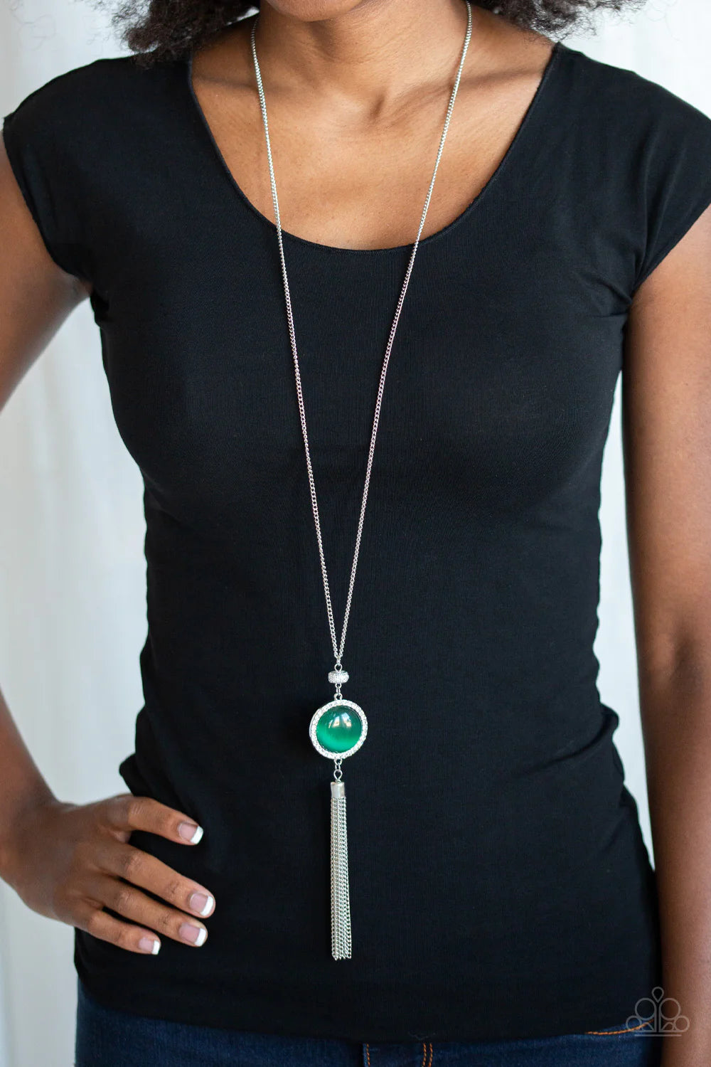 Sparkling Spectacle - Green Encrusted Cat's Eye Moonstone Tassel Necklace N#7156