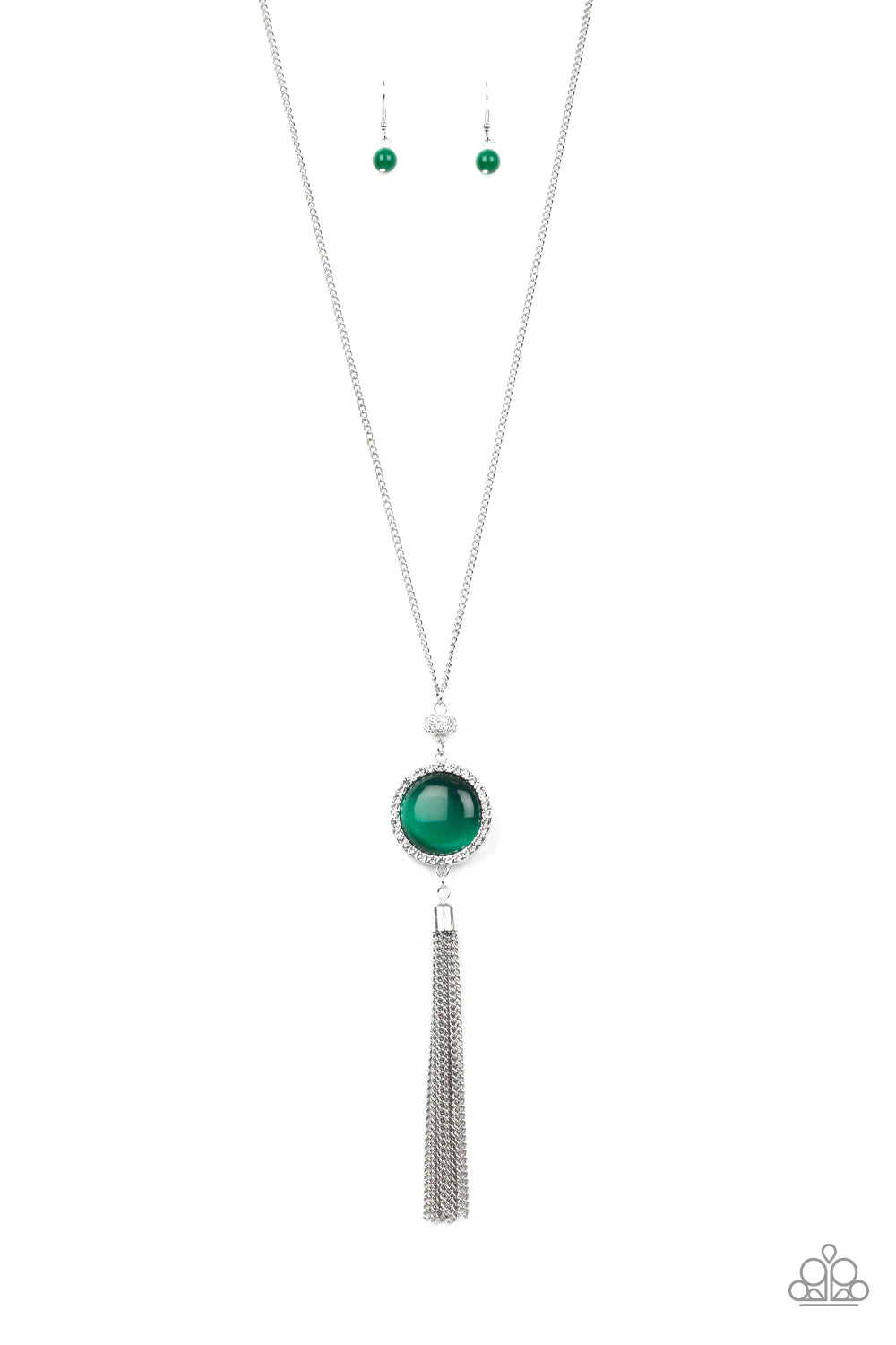 Sparkling Spectacle - Green Encrusted Cat's Eye Moonstone Tassel Necklace N#7156