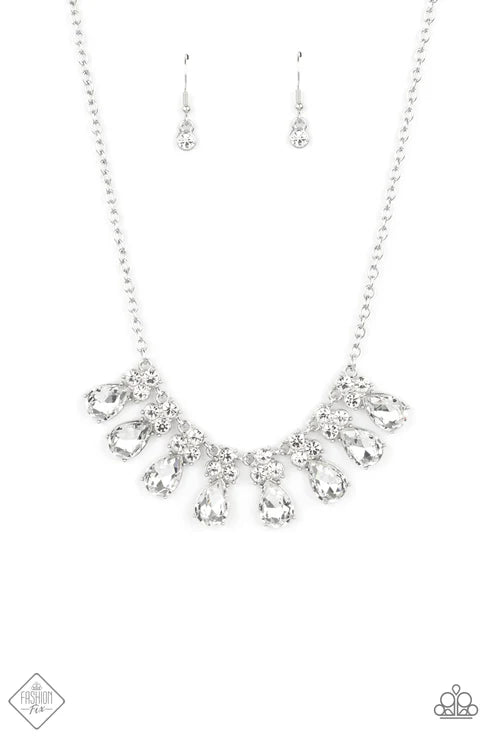 Sparkly Ever After - White Crowned Trio Encrusted Teardrop Link Fringe Necklace N#7435