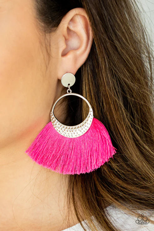 Spartan Spirit - Oversized Pink Thread Flares Hammered Tasseled Earrings E#3838