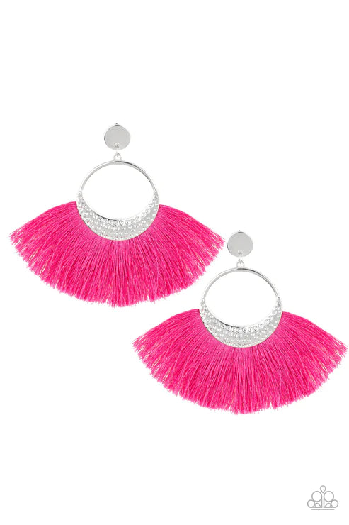 Spartan Spirit - Oversized Pink Thread Flares Hammered Tasseled Earrings E#3838