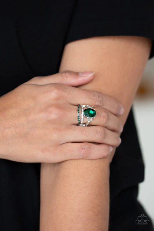 Spectacular Sparkle - Green Dramatic Glittery/Glassy Encrusted Three Bands Arc Regal Crowned Ring R#378