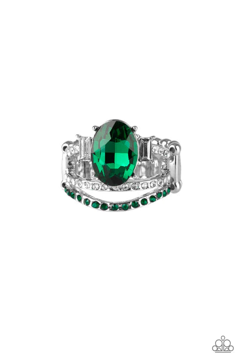 Spectacular Sparkle - Green Dramatic Glittery/Glassy Encrusted Three Bands Arc Regal Crowned Ring R#378
