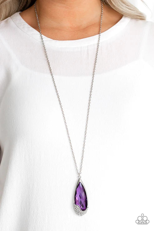Spellbound - Oversized Purple Spellbinding Abstract Nestled Gem Dipped Encrusted Teardrop Necklace N#6101